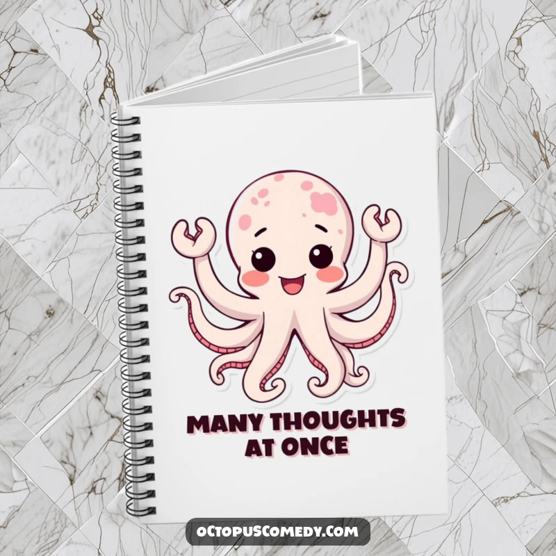 Funny kawaii octopus with joyful, waving tentacles, a cute and humorous notebook for all your thoughts.