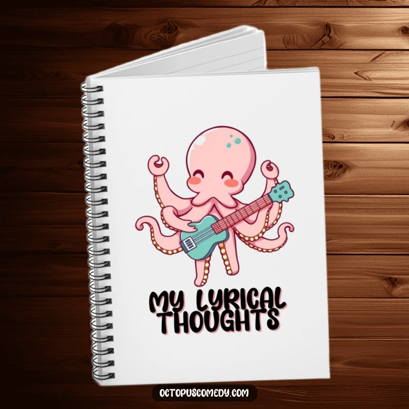Funny notebook cover with an octopus playing a musical instrument with eight arms, ideal for jotting down musical ideas.