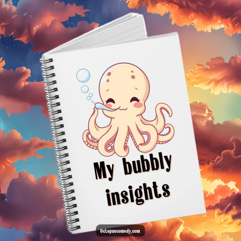 Funny notebook with a playful octopus blowing bubbles, ideal for notes, journaling, and as a cute, funny gift for stationery lovers.
