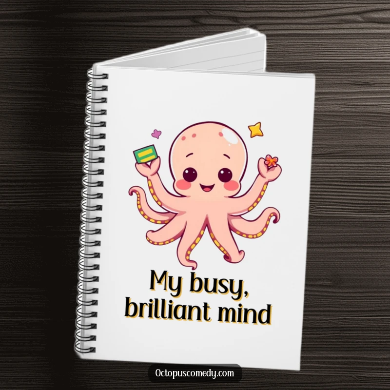 Funny kawaii octopus juggling colorful objects, a cute and humorous notebook for all your thoughts.