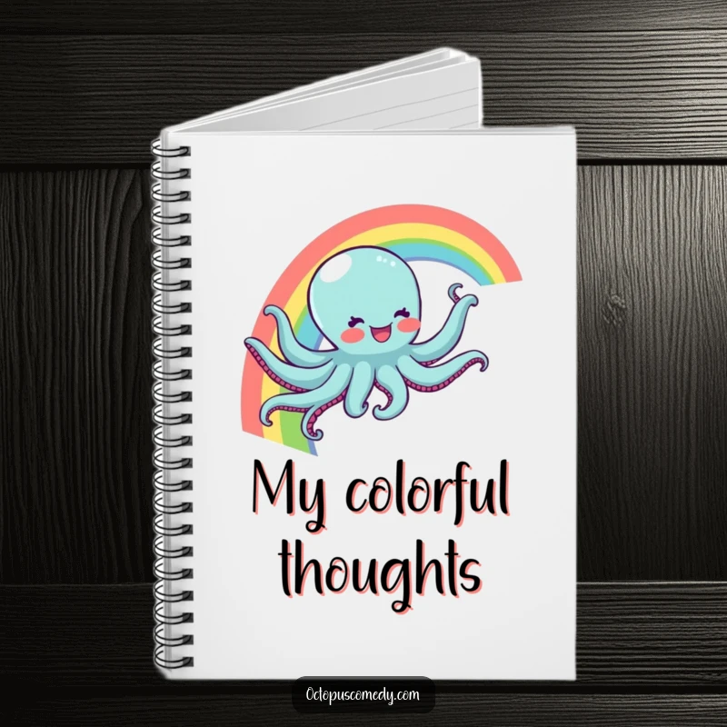 Funny notebook with a joyful octopus sliding down a rainbow, ideal for notes, journaling, and as a cute, funny gift for stationery lovers.