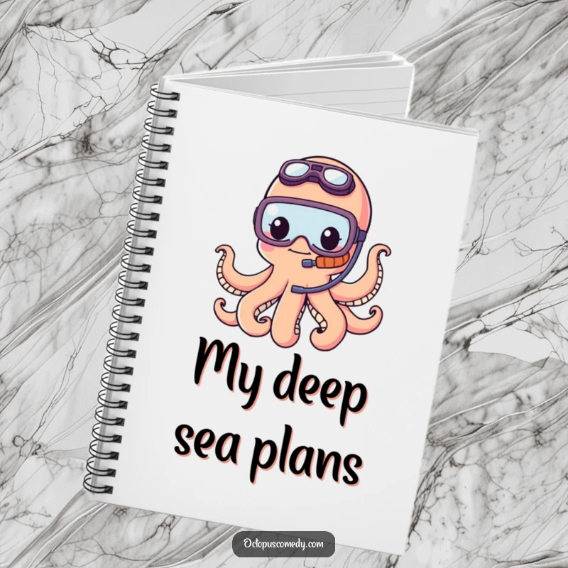 Funny kawaii octopus wearing a tiny snorkel, looking adventurous and ready to jot down notes in this charming notebook.