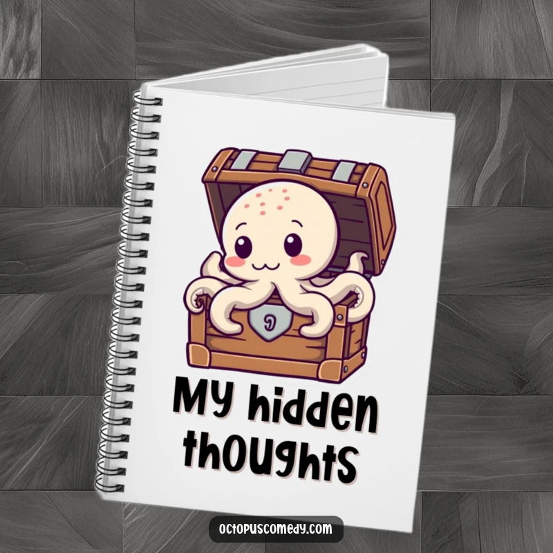Funny Treasure Octopus Notebook, featuring an octopus peeking from a treasure chest, ideal for writing notes and ideas.