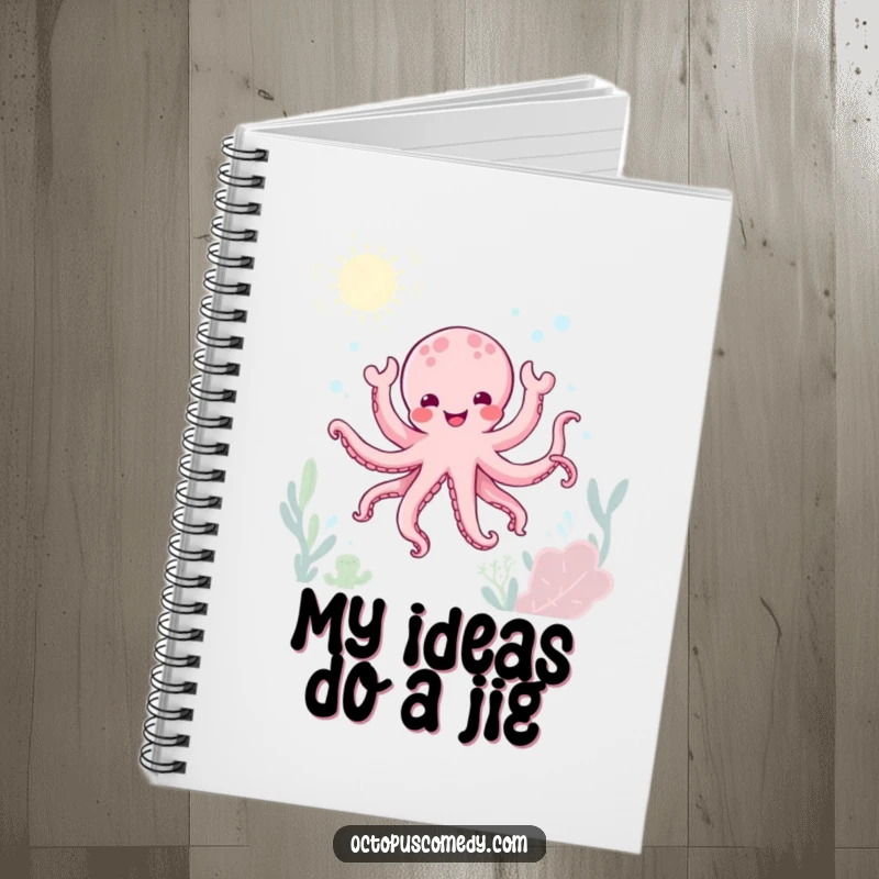 Funny kawaii octopus doing a joyful underwater dance on a notebook cover, great for journaling gift.