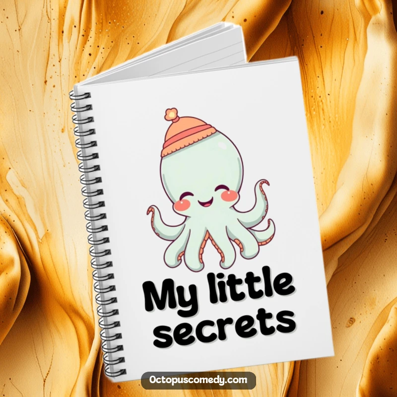 Funny octopus wearing a tiny hat and giggling, a humorous notebook for writing.