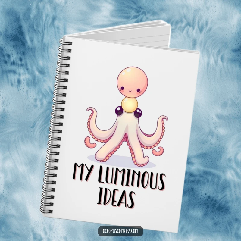 Funny octopus balancing a delicate stack of tiny, glowing orbs on a notebook, great for jotting magical ideas.