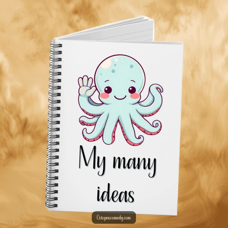 Funny octopus with multiple arms waving hello on a notebook cover, perfect for jotting down friendly notes.
