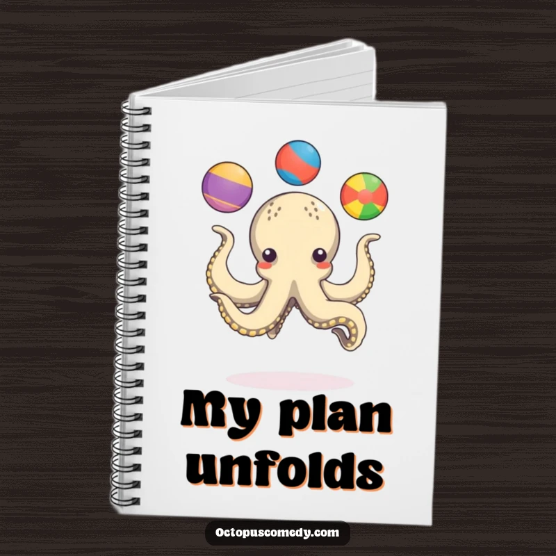 Funny octopus playfully juggling three colorful balls with its tentacles, a humorous notebook for writing.