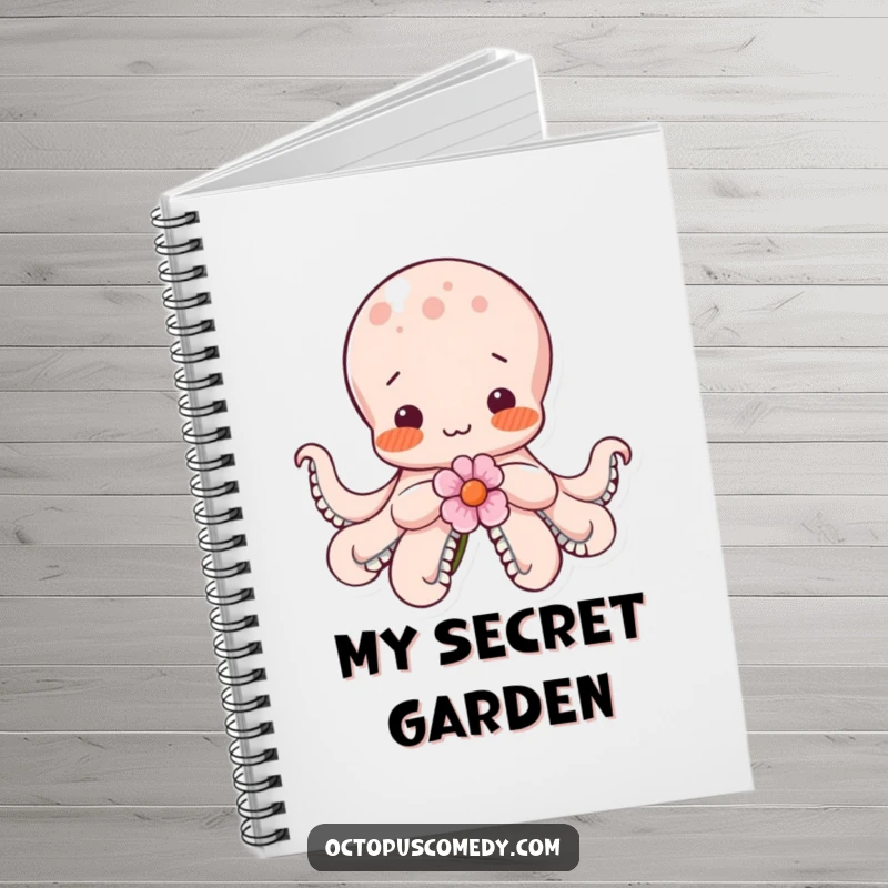 Funny shy octopus blushing with rosy cheeks, holding a flower, on the cover of a lined notebook.