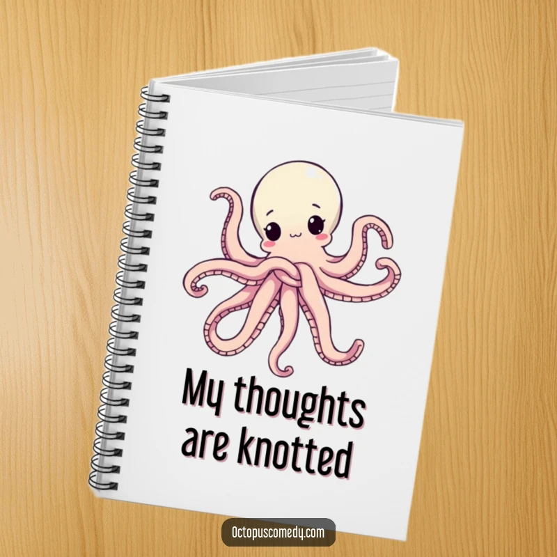 Funny notebook with an octopus hilariously tied up in its own arms, ideal for notes and lists with a touch of funny chaos.