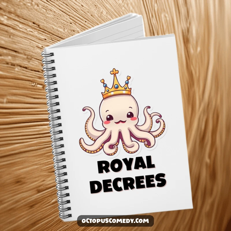 Funny octopus wearing a tiny crown, looking regal and amusing, a humorous notebook for royal ideas.