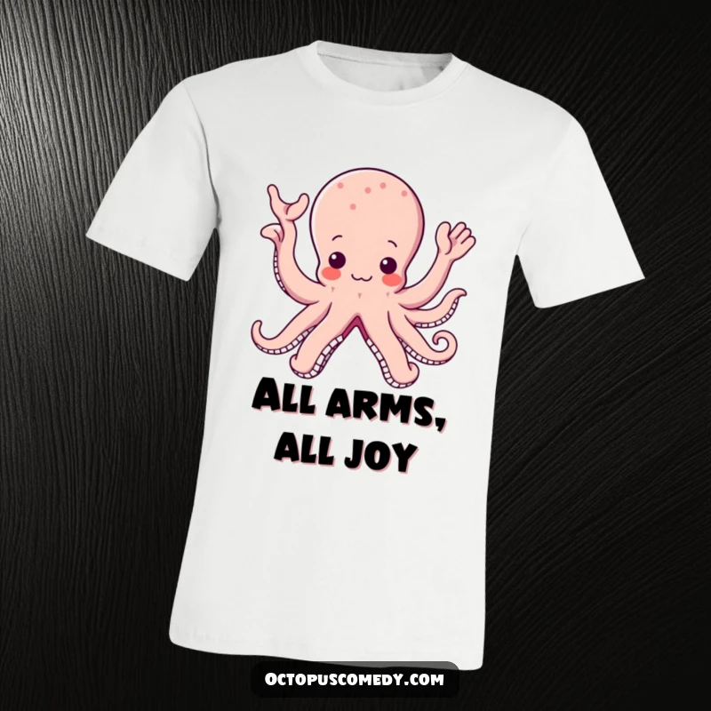 Funny t-shirt graphic of a super cute kawaii octopus with multiple arms enthusiastically waving hello to everyone.