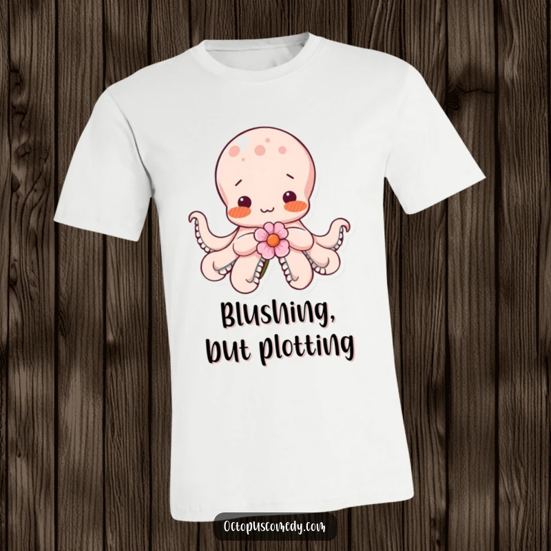 Funny shy octopus blushing with rosy cheeks, holding a beautiful flower, printed on soft, comfortable t-shirt fabric.