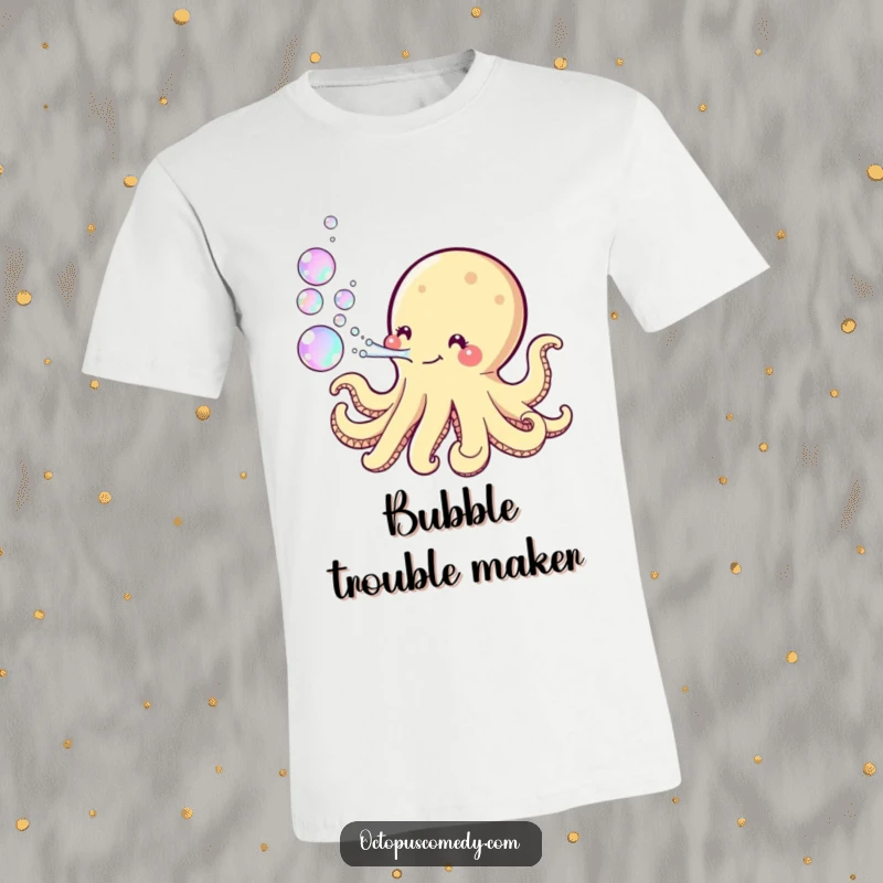 Funny Kawaii Octopus T-Shirt depicting a cute octopus playfully blowing a cascade of iridescent, shimmering bubbles, symbolizing carefree fun.