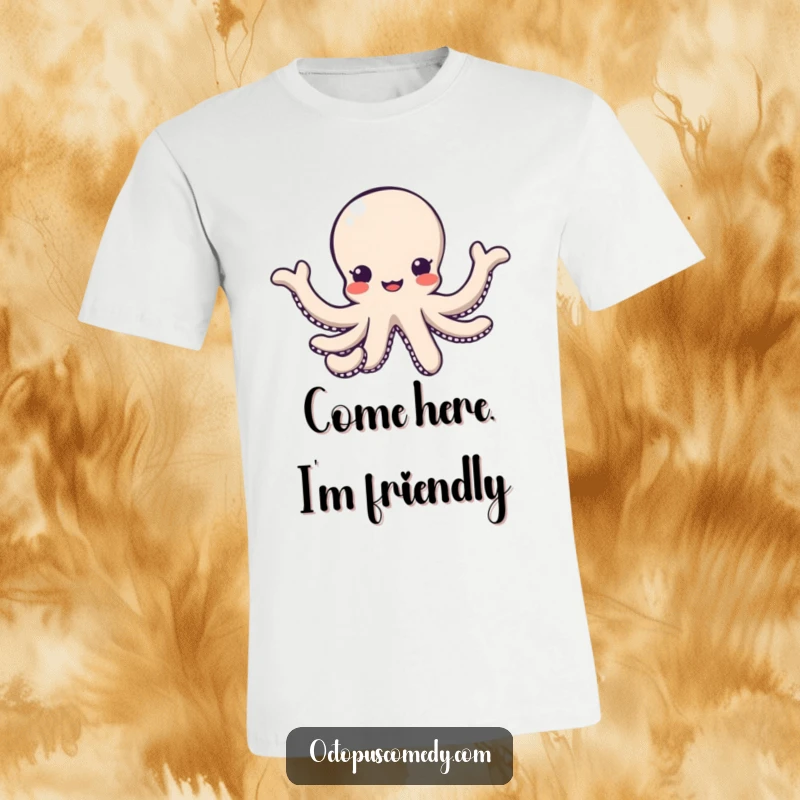 Funny kawaii octopus with arms reaching out in a friendly gesture on a t-shirt, welcoming and cute gift.
