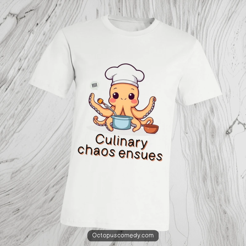 Funny t-shirt featuring an octopus in a chef hat, skillfully multitasking with all its arms to cook a feast.