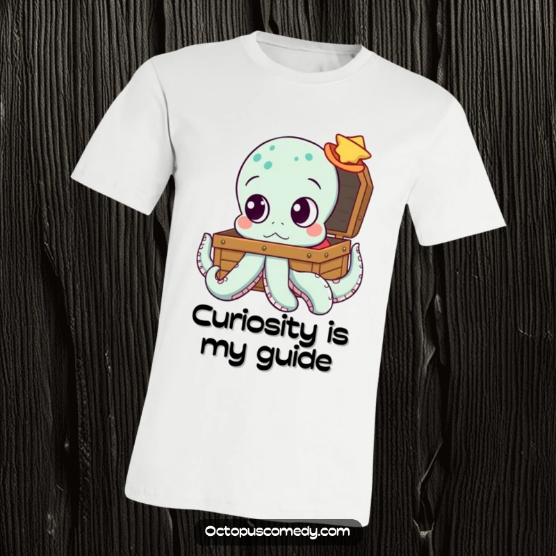 Funny t-shirt graphic of an octopus with large, inquisitive eyes focused on a treasure chest, hinting at exciting finds.