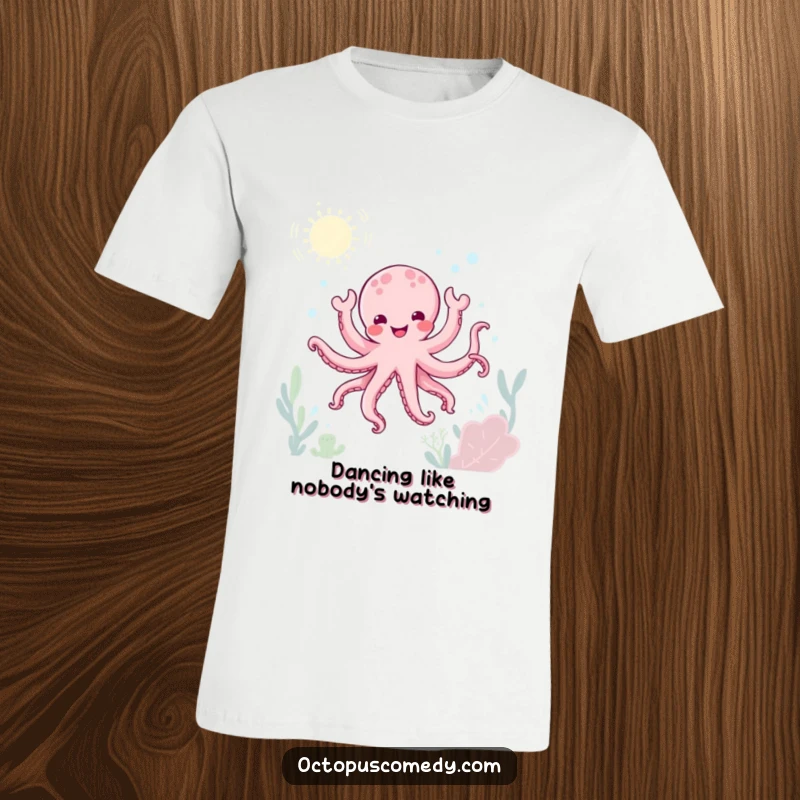 Funny kawaii octopus doing a joyful underwater dance, twirling and splashing, fun t-shirt gift.