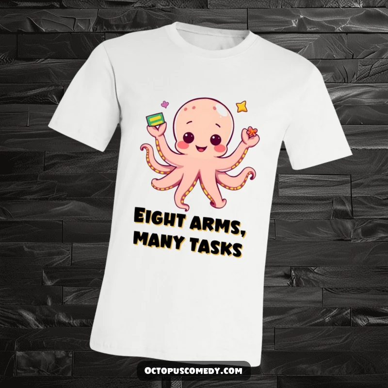 Funny kawaii octopus juggling colorful items with multiple tentacles, a lively and humorous t-shirt design.