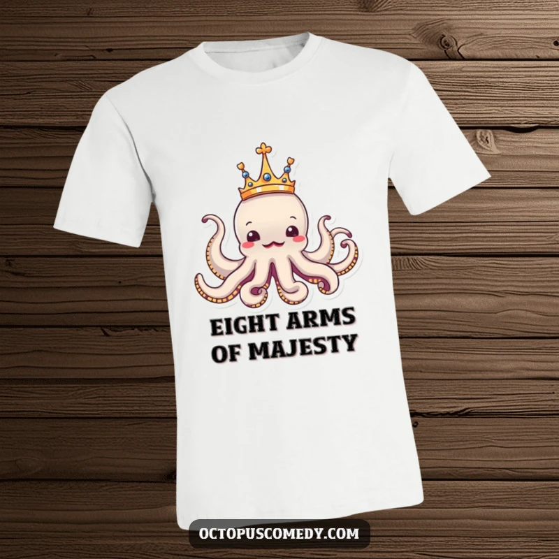Funny octopus wearing a tiny crown, looking amusingly regal, a comical t-shirt for royalty lovers.