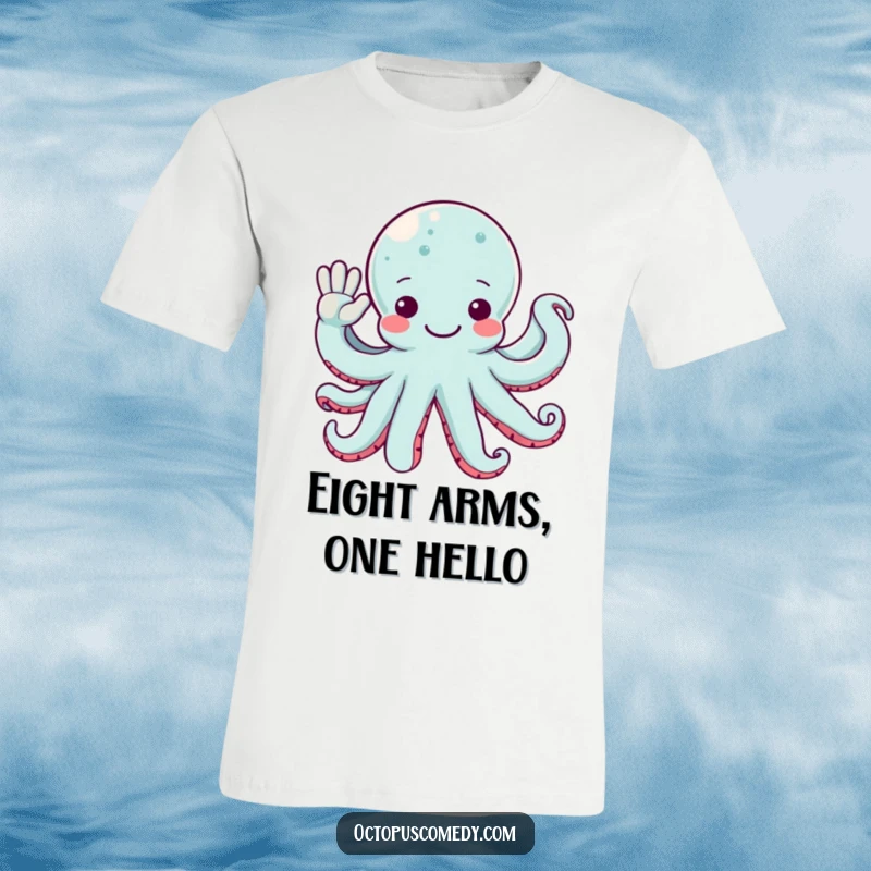 Funny octopus character with numerous arms waving enthusiastically, printed on a soft and friendly t-shirt.