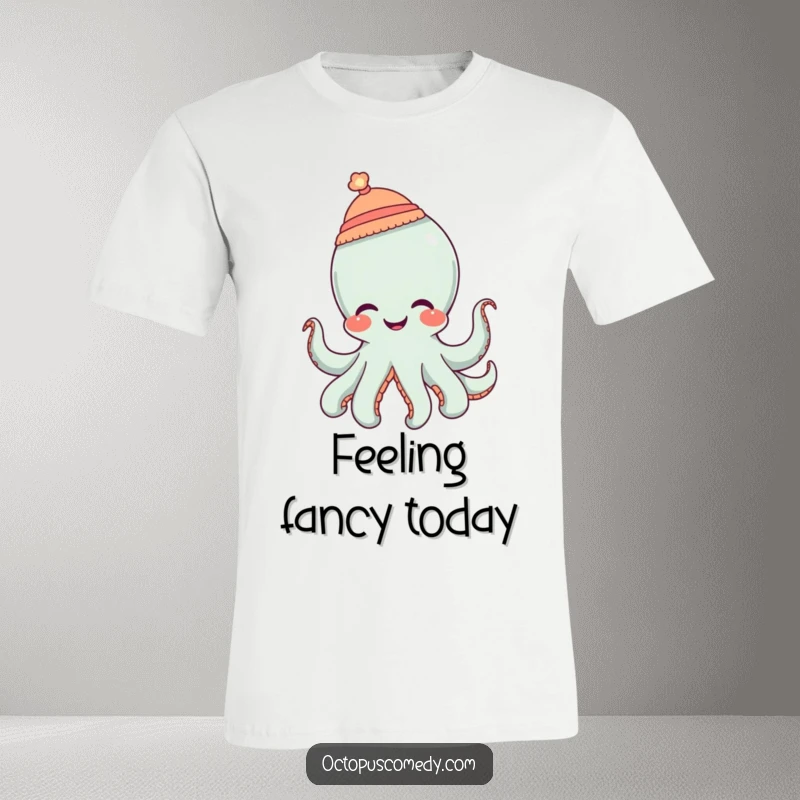 Funny octopus wearing a tiny hat and giggling, a humorous t-shirt spreading cheer.