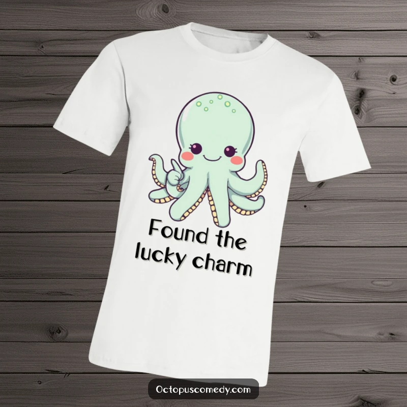 Funny smiling octopus with wide eyes pointing at a pearl, designed for a humorous t-shirt celebrating discovery.