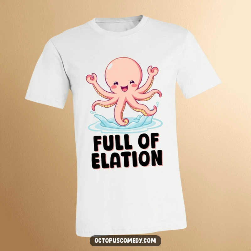 Funny bouncy octopus captured mid-leap, exploding out of water with a gleeful expression on a t-shirt.