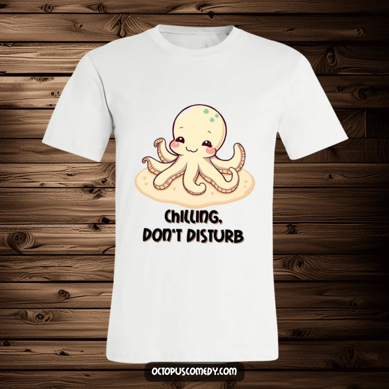 Funny content octopus lounging serenely on a soft, sandy seabed, printed on a comfortable t-shirt.