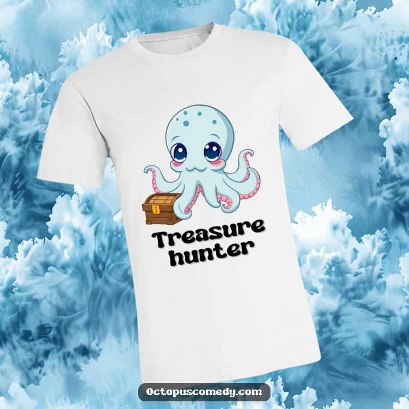 Funny t-shirt with a wide-eyed, curious octopus investigating an open treasure chest, symbolizing exploration and humor.