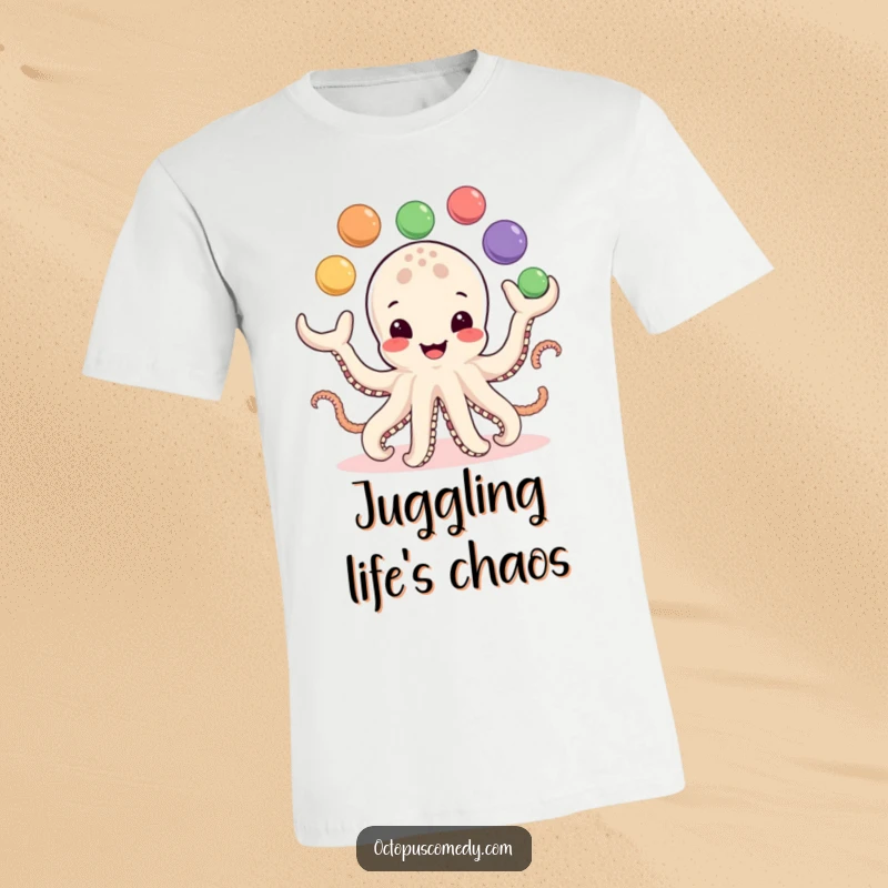 Funny T-Shirt: A happy octopus with a wide grin juggles eight brightly colored balls, showcasing impressive, humorous dexterity.