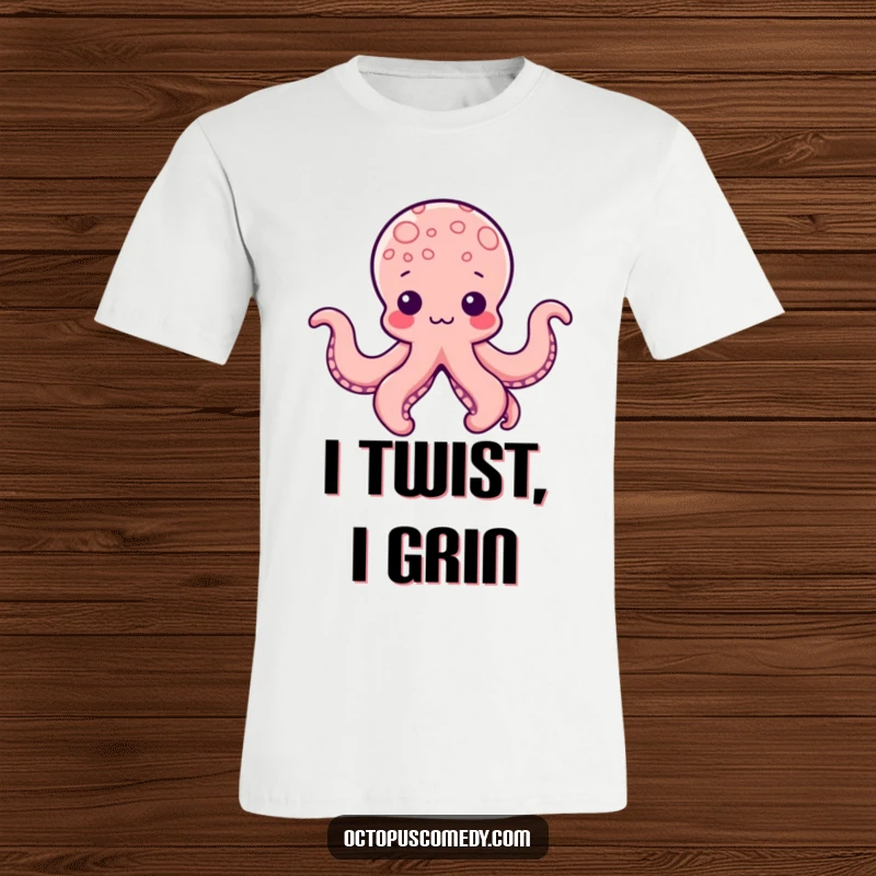 Funny Kawaii Octopus T-Shirt displaying a cute octopus with tentacles artfully shaped into amusing forms, celebrating creativity and playfulness.