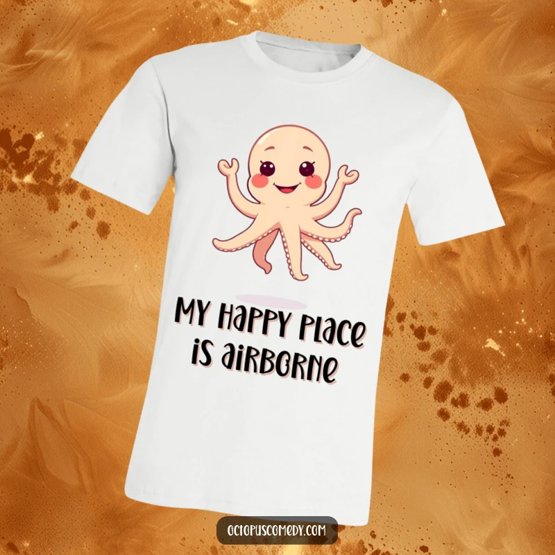 Funny jumping kawaii octopus with a silly grin graphic on a t-shirt, energetic and fun gift.