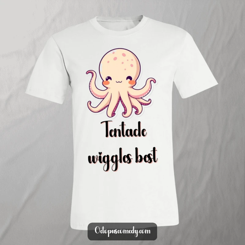 Funny Kawaii Octopus T-Shirt: A charming, smiling octopus character waving its tentacles in a friendly manner.