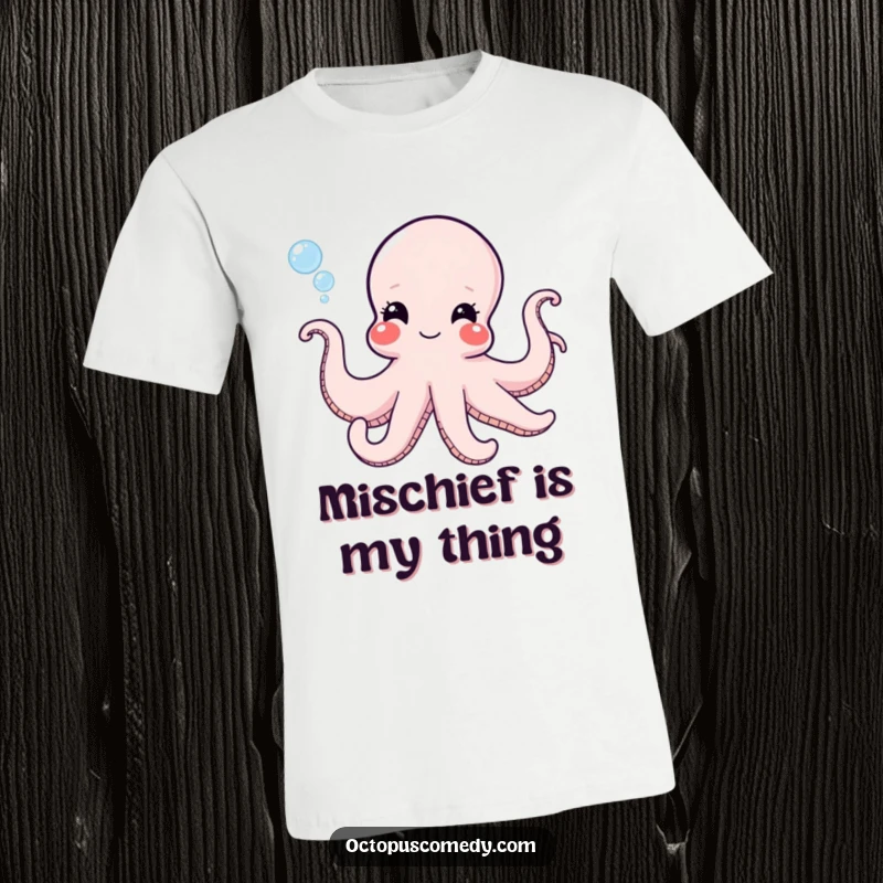 Funny octopus with a mischievous grin blowing bubbles, designed for a humorous t-shirt with playful ocean vibes.