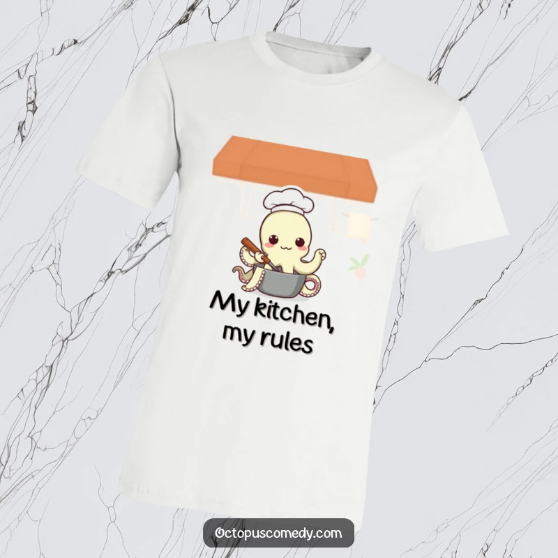Funny Octopus Chef T-Shirt featuring a cute octopus with a chef hat enthusiastically stirring a pot, a delightful gift for foodies.