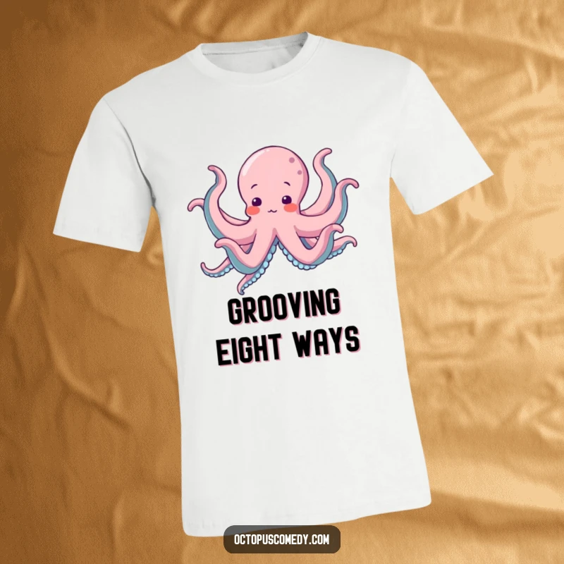 Funny Octopus T-Shirt depicting an octopus enthusiastically performing a silly dance with all eight arms in motion.