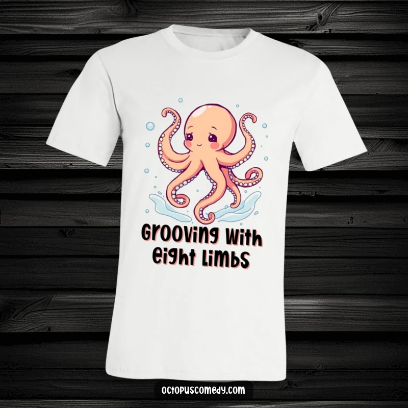 Funny octopus joyfully dancing with swirling tentacles amidst bubbles, a comical t-shirt for movement lovers.