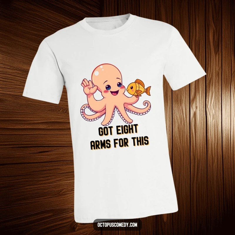 Funny octopus happily trying to high-five a swimming fish, a comical t-shirt for ocean lovers.