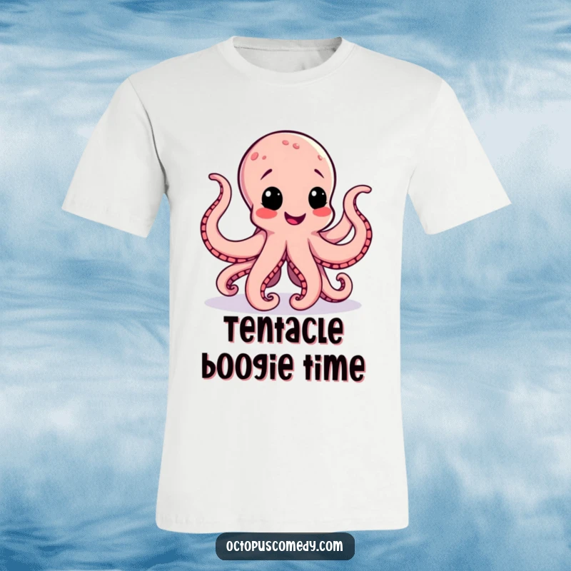 Funny t-shirt depicting a joyful octopus performing a lively jig, its multiple tentacles in motion, radiating pure happiness.