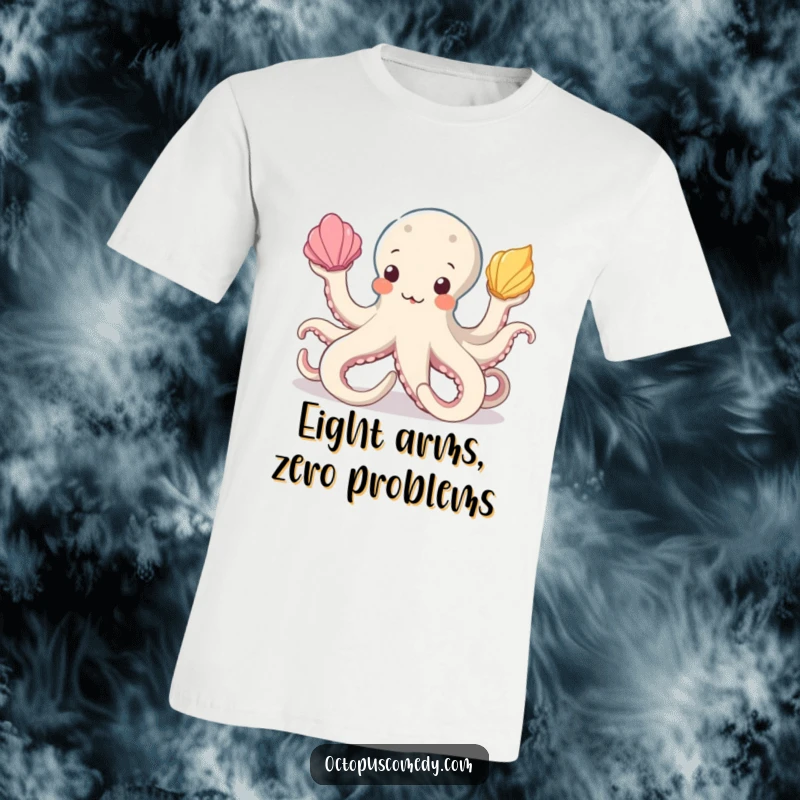 Funny octopus t-shirt depicting a cheerful cephalopod skillfully juggling three colorful seashells with its eight flexible arms, radiating joy.