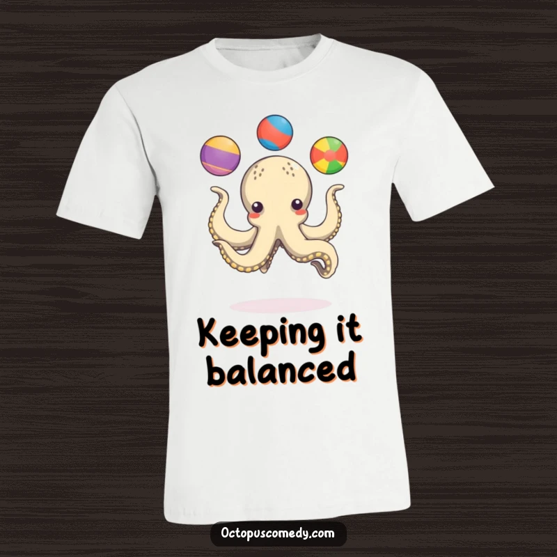 Funny octopus playfully juggling three colorful balls with all its tentacles, a humorous t-shirt.