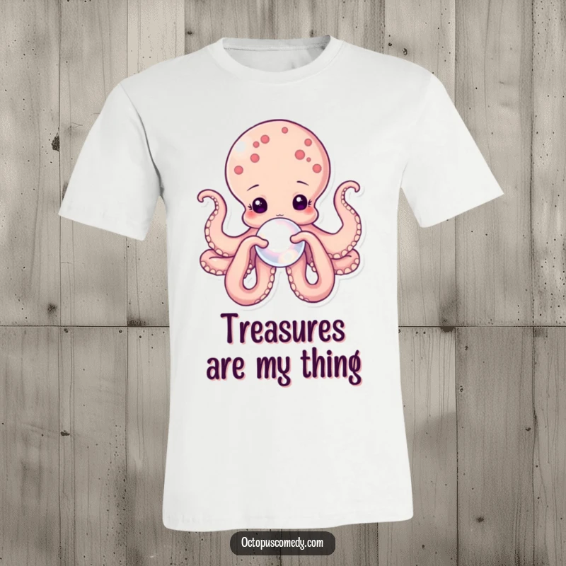 Funny octopus t-shirt showing a gentle octopus carefully holding a shimmering pearl, symbolizing elegance and a peaceful spirit.