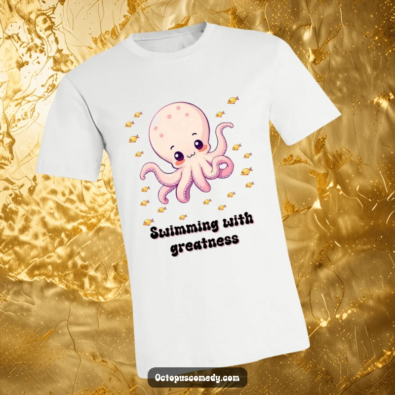 Funny octopus happily drifting through a school of small, sparkly fish on a t-shirt, showing peaceful movement, perfect gift.