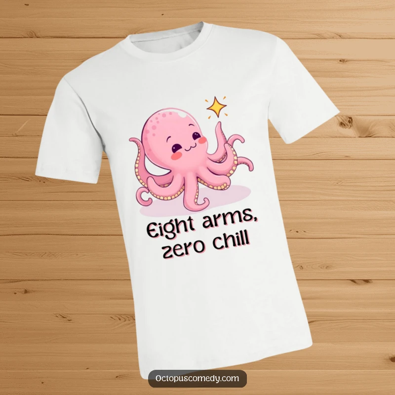 Funny Octopus T-Shirt: An energetic octopus with all limbs extended, hilariously chasing a tiny, animated sparkle with gusto.