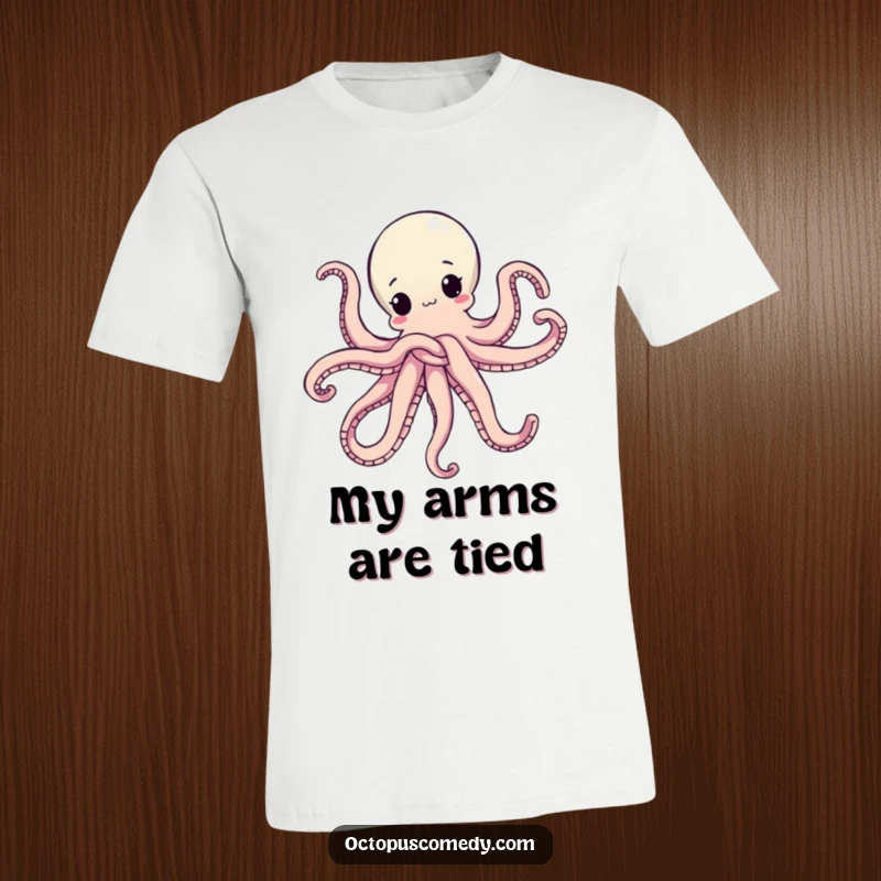 Funny t-shirt featuring an octopus in a comical knot of its arms, perfect for those who love witty and funny graphic tees.
