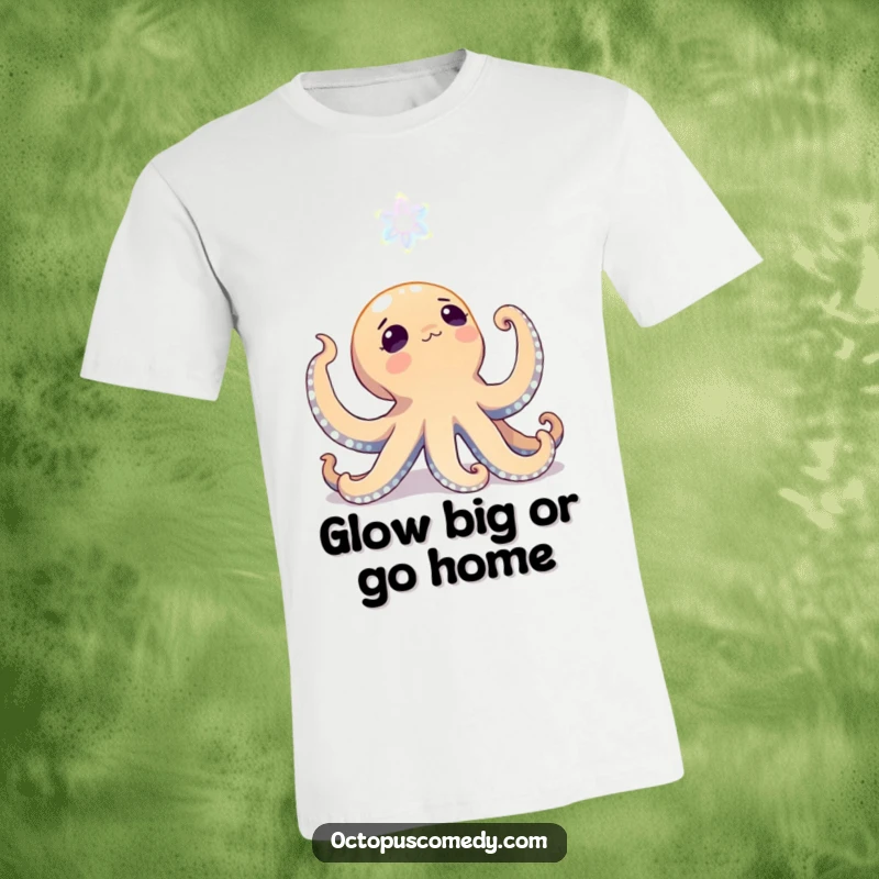 Funny octopus looking up with wonder at a bioluminescent bloom on a t-shirt, showing awe and enchantment, perfect gift.
