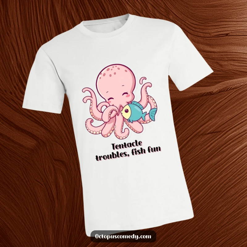 Funny octopus playfully tickling a little fish with a tentacle, captured on this soft and humorous t-shirt.