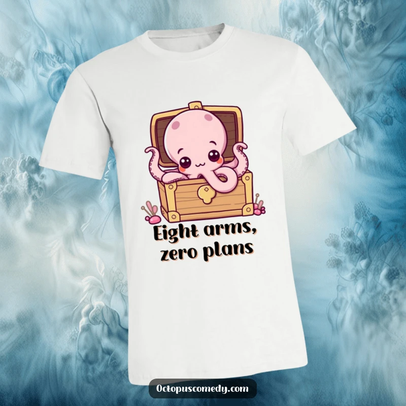 Funny t-shirt showcasing a curious octopus with wide eyes emerging from a treasure chest, radiating humor and wonder.