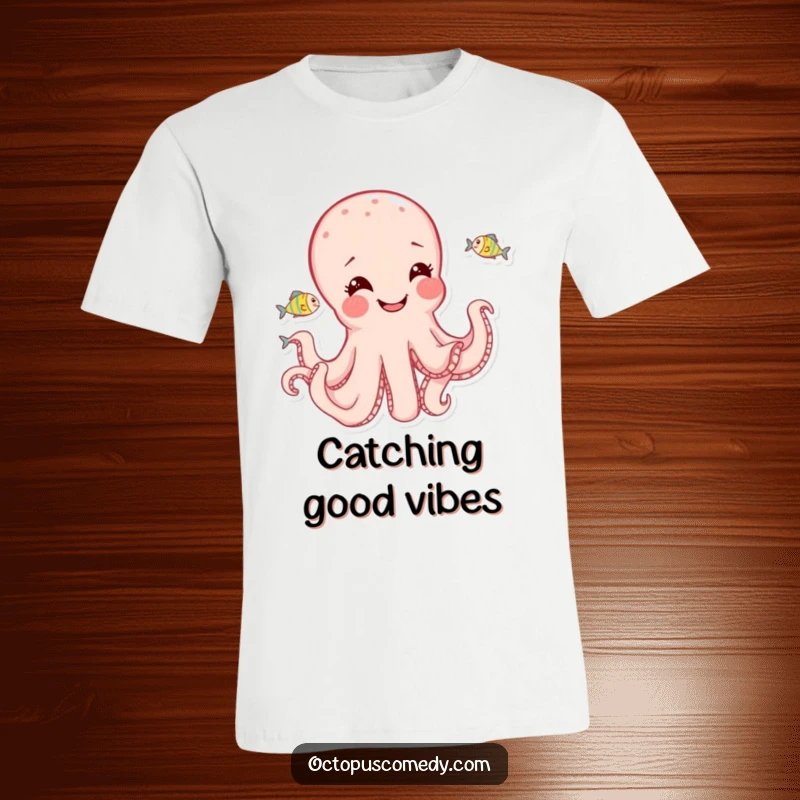 Funny octopus, eyes wide with joy, playfully chasing small fish, printed on a fun and energetic t-shirt.